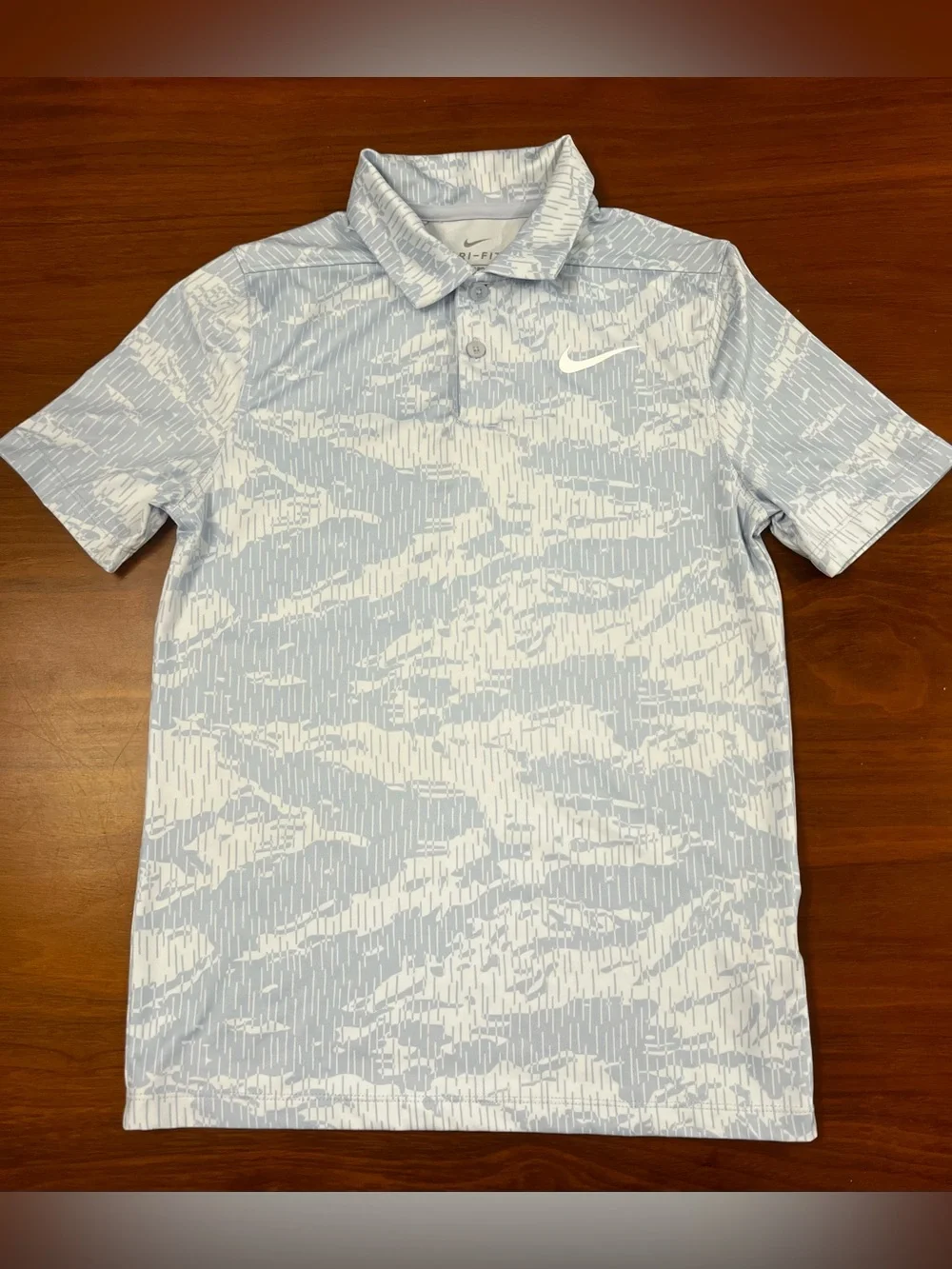 Nike Golf Dri-FIT Boys Polo Shirt Size S Small Blue Camo Printed Short Sleeve